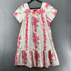 Lava Hut Hawaiian Muumuu Midi Dress Womens L White Pink Floral Ruffle Aloha